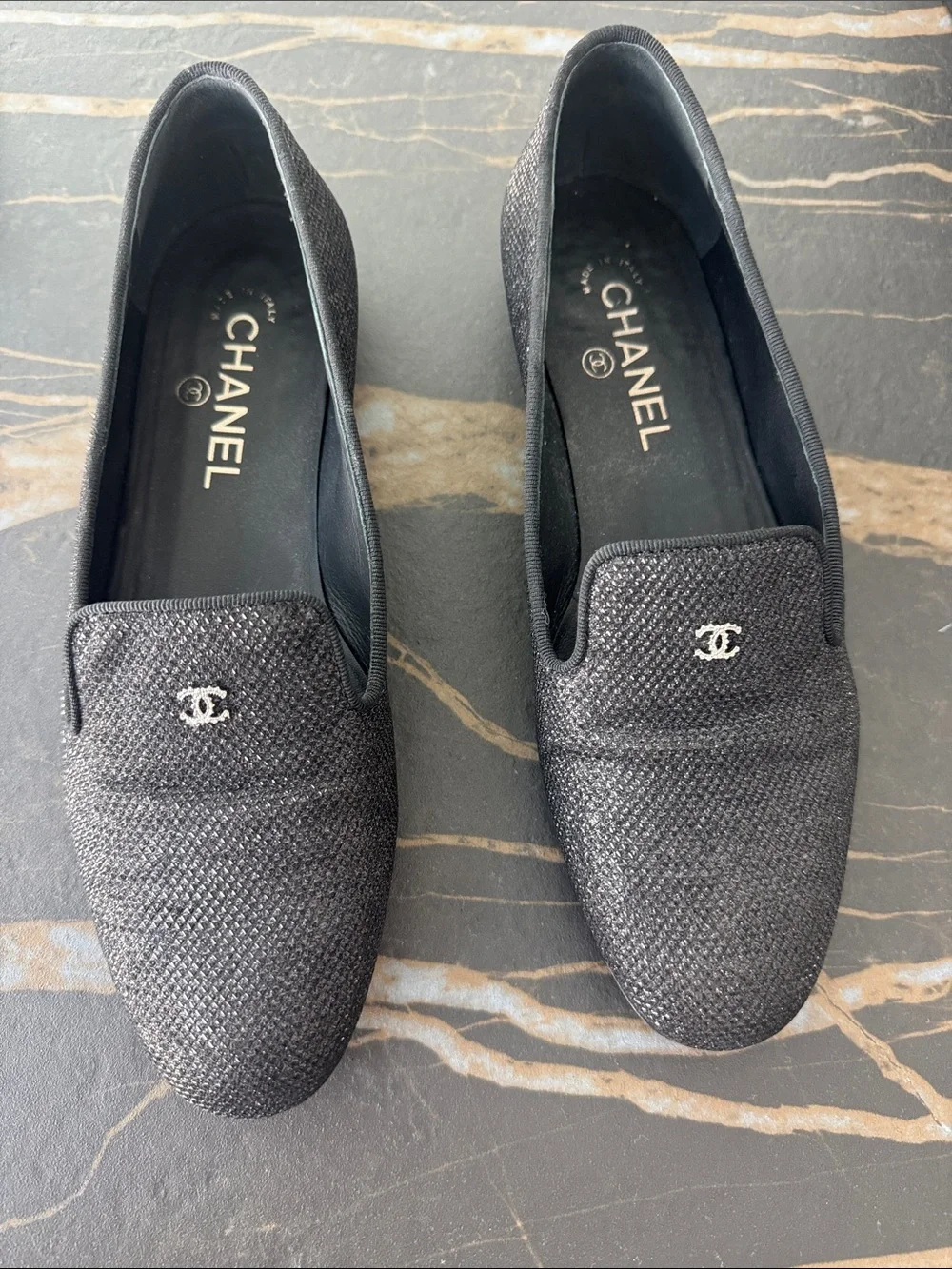 CHANEL Black Tweed CC Logo Loafers - Women's Slip-On Flats